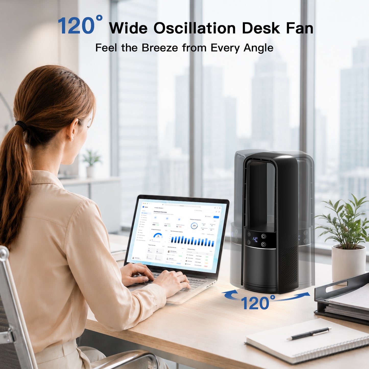 Desk Fan Bladeless, 13.4 Inch Office Fan Small Quiet, 4 Speed Touch Control Bedside Fan with 120° Oscillation, 3 Level Night Light, 9H Timer, Easy to Clean, Desk Fans for Office, Bedroom, Home