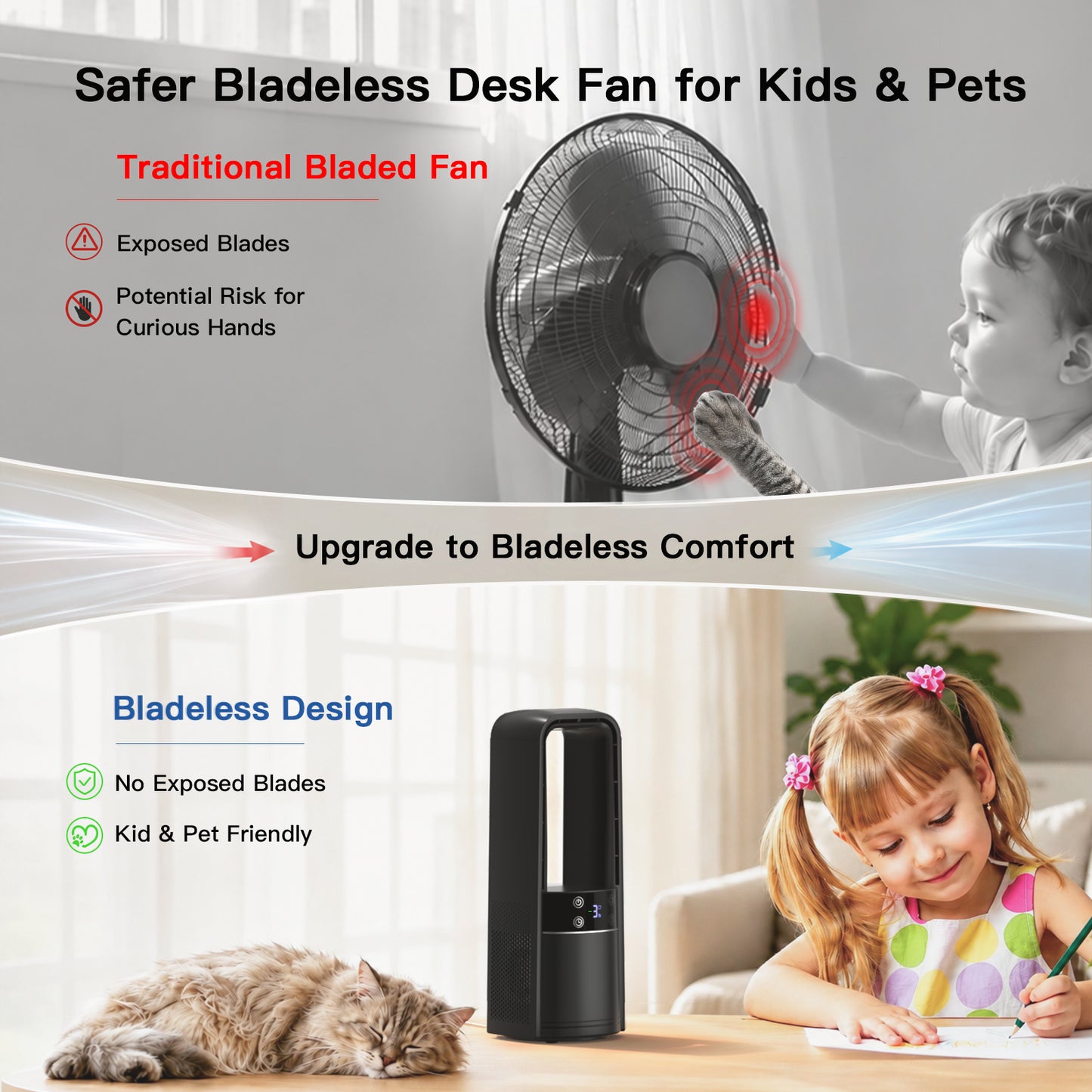 Desk Fan Bladeless, 13.4 Inch Office Fan Small Quiet, 4 Speed Touch Control Bedside Fan with 120° Oscillation, 3 Level Night Light, 9H Timer, Easy to Clean, Desk Fans for Office, Bedroom, Home