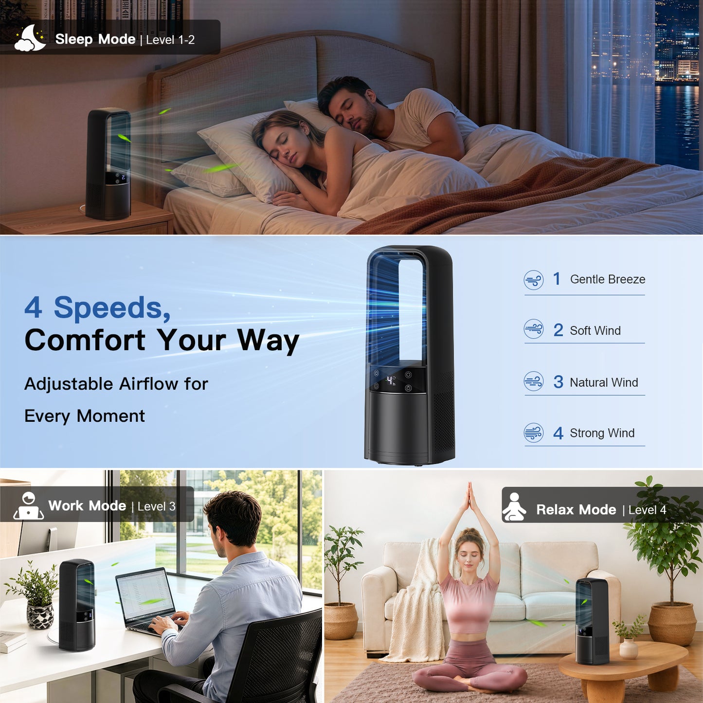 Desk Fan Bladeless, 13.4 Inch Office Fan Small Quiet, 4 Speed Touch Control Bedside Fan with 120° Oscillation, 3 Level Night Light, 9H Timer, Easy to Clean, Desk Fans for Office, Bedroom, Home