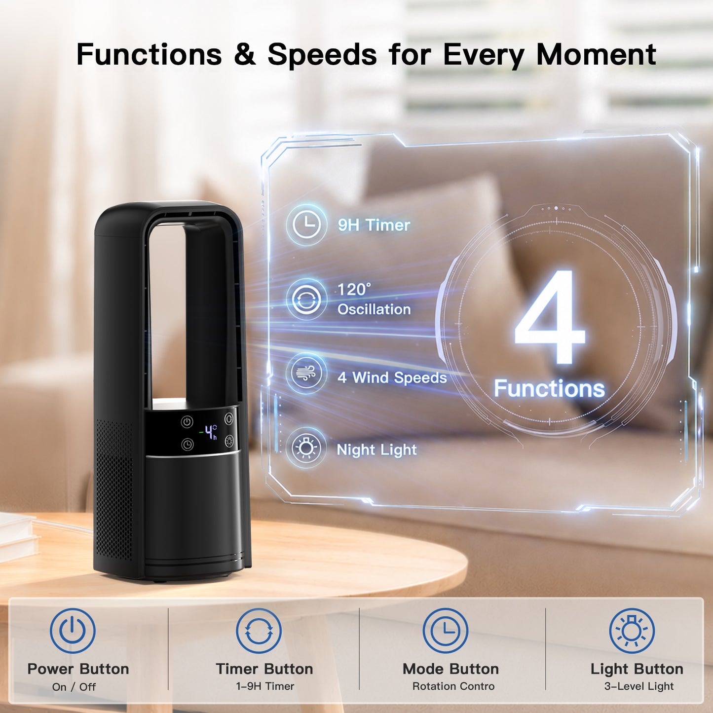 Desk Fan Bladeless, 13.4 Inch Office Fan Small Quiet, 4 Speed Touch Control Bedside Fan with 120° Oscillation, 3 Level Night Light, 9H Timer, Easy to Clean, Desk Fans for Office, Bedroom, Home