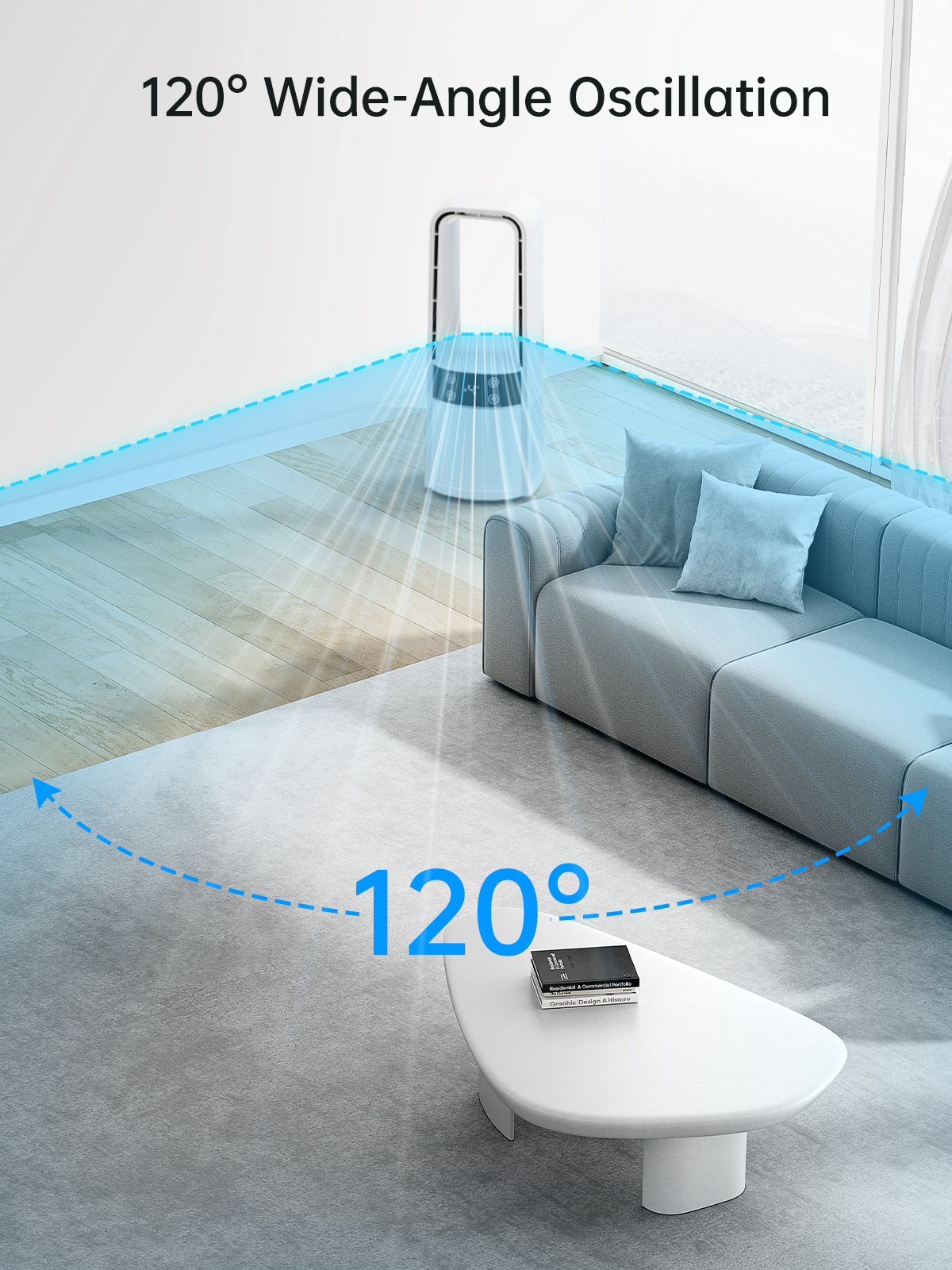 Desk Fan Bladeless, 120° Oscillating Fan Rechargeable, Quiet Fan with Night Light, Smart LED Touch Control, 4 Speed & 9H Timer, Small Table Fan, Auto Display Off, Ideal for Home, Office, Study Room