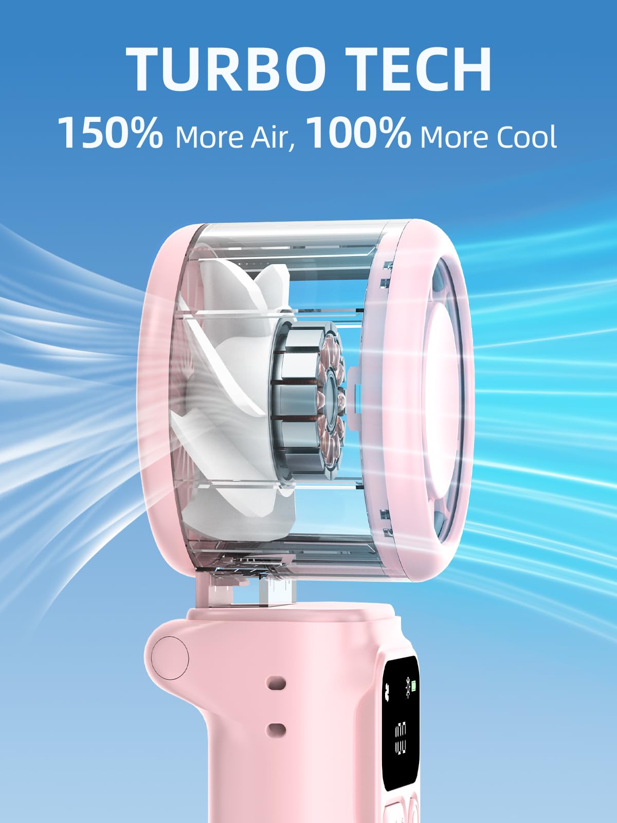 Portable Handheld Turbo Fan, 199 Stepless Speeds, 4000mAh USB Rechargeable, 12H Runtime, 2H Fast Charging, Smart Display, Emergency Flashlight, Personal Cooling Fan for Travel, Gym, Camping, Outdoors