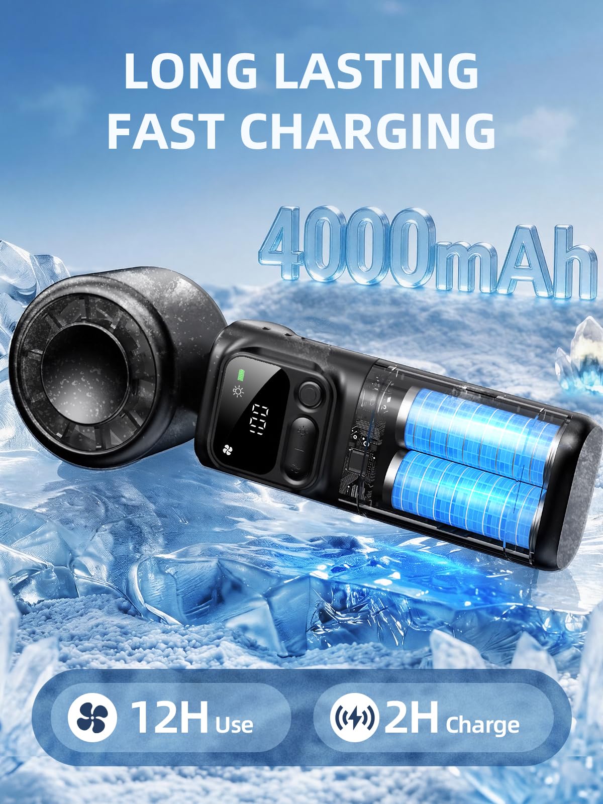 Portable Handheld Turbo Fan, 199 Stepless Speeds, 4000mAh USB Rechargeable, 12H Runtime, 2H Fast Charging, Smart Display, Emergency Flashlight, Personal Cooling Fan for Travel, Gym, Camping, Outdoors
