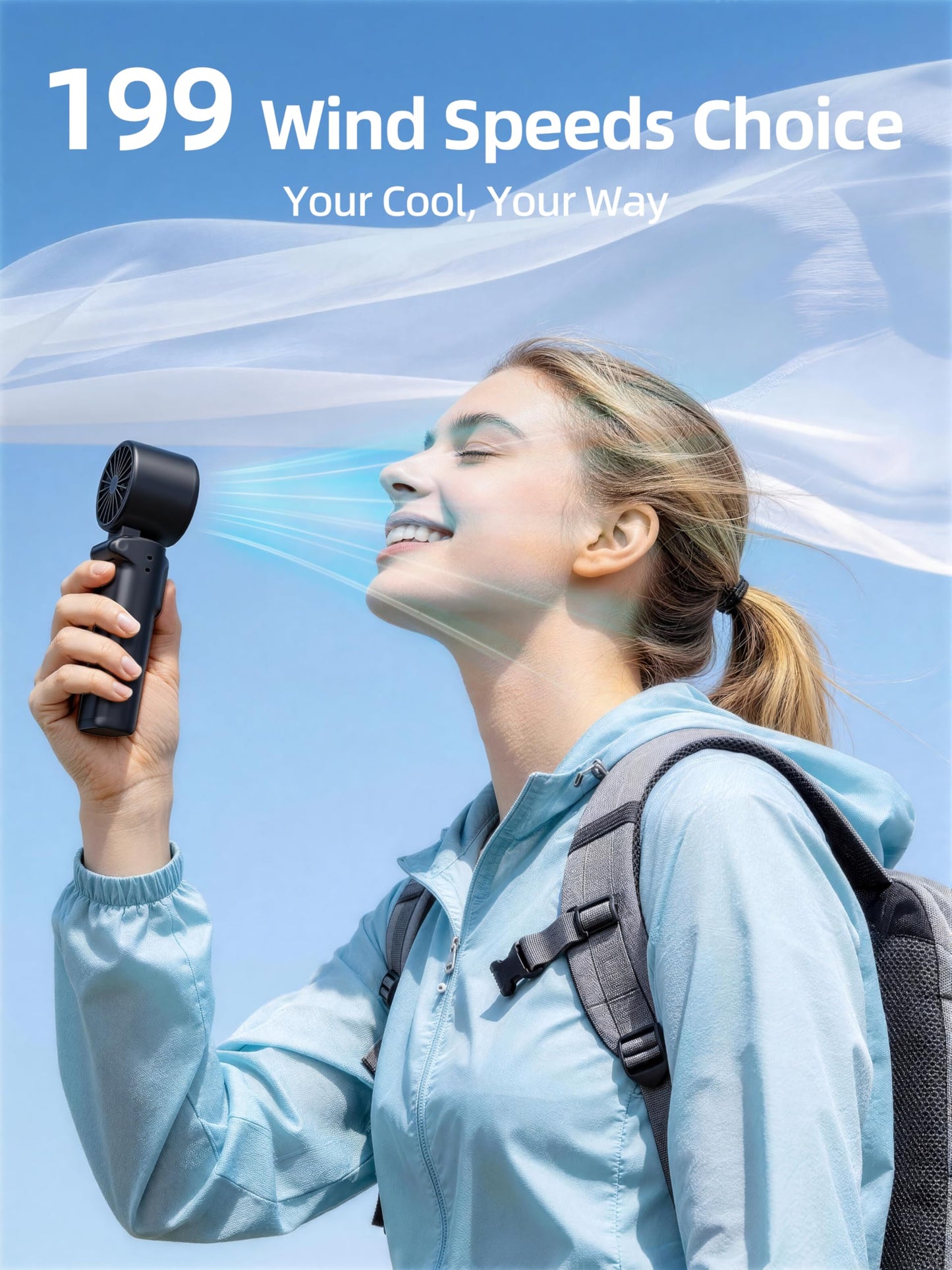 Portable Handheld Turbo Fan, 199 Stepless Speeds, 4000mAh USB Rechargeable, 12H Runtime, 2H Fast Charging, Smart Display, Emergency Flashlight, Personal Cooling Fan for Travel, Gym, Camping, Outdoors
