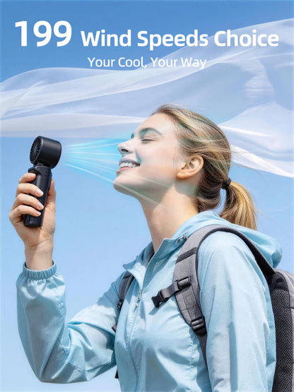 Portable Handheld Turbo Fan, 199 Stepless Speeds, 4000mAh USB Rechargeable, 12H Runtime, 2H Fast Charging, Smart Display, Emergency Flashlight, Personal Cooling Fan for Travel, Gym, Camping, Outdoors