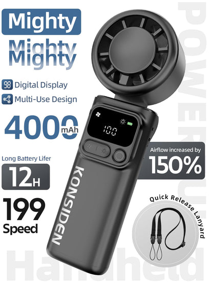 Portable Handheld Turbo Fan, 199 Stepless Speeds, 4000mAh USB Rechargeable, 12H Runtime, 2H Fast Charging, Smart Display, Emergency Flashlight, Personal Cooling Fan for Travel, Gym, Camping, Outdoors